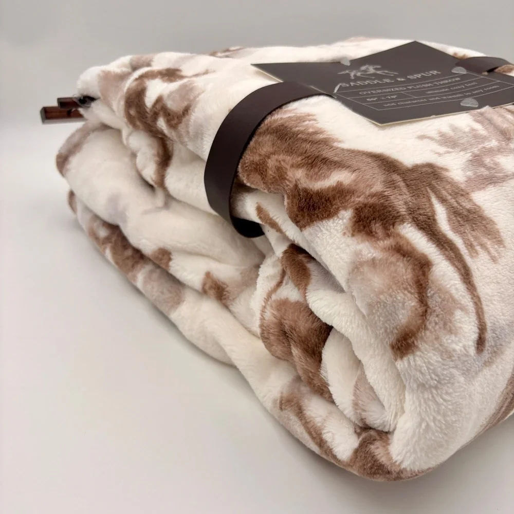 Saddle & Spur Oversized Plush Throw Blanket 60x70 Galloping Horse Brown Cream